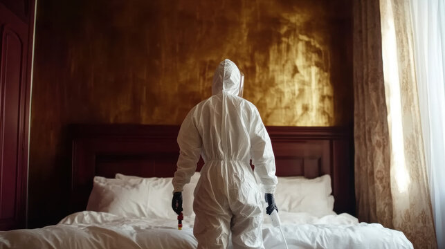 Person in white hazmat suit standing on a bed in a warmly lit room, representing decontamination, sanitation, safety protocols, and modern health precautions in controlled indoor environments

