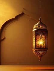 Ornate Lantern Hanging with Golden Glow for Ramadan or Festive Occasions