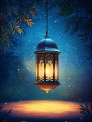 Hanging Lantern Illuminates Magical Forest Scene at Night with Glowing Light