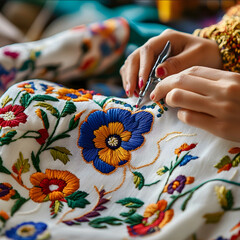 We see a fashion design workshop There are fabrics inside In the foreground a womans hands are sewing We see the fabric in detail There is colorful embroidery