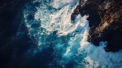Aerial Top-Down View of Ocean Waves Crashing Against Rugged Cliffs with Dramatic Contrast