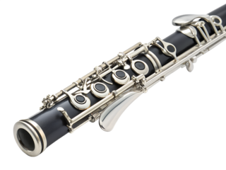 Detailed view of a sleek silver flute with a black body
