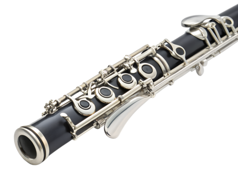 Detailed view of a sleek silver flute with a black body