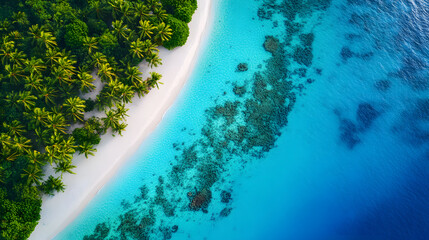 Aerial Drone Shot of Tropical Island with Turquoise Waters, White Sand Beaches, and Coral Reef