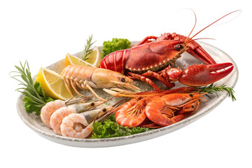 Fresh seafood platter with shrimp, lobster, and lemon slices