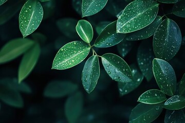 Fototapeta premium Close-up of Fresh Green Leaves with Water Droplets After Rain