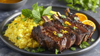 Dark Brown Lamb Chops with Saffron Rice and Orange Garnish