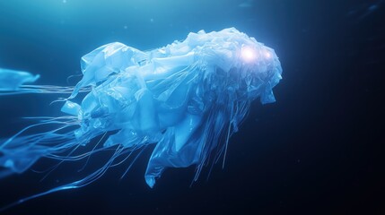 Conceptual artwork of a translucent fish-like creature made from plastic floating in dark waters at night
