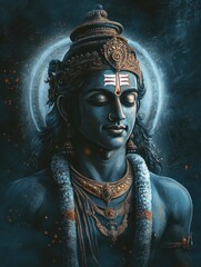 Lord Vishnu Portrait Artwork with Traditional Headdress and Jewelry
