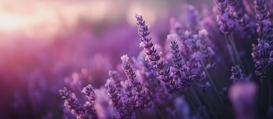 Sunset illuminates vibrant purple lavender field