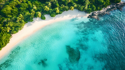Aerial Drone Shot of Tropical Island with Turquoise Waters, White Sand Beaches, and Coral Reef
