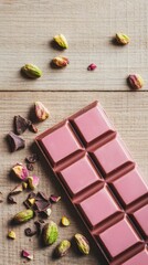 Decadent milk chocolate bar with pistachios and rose petals on rustic wooden surface