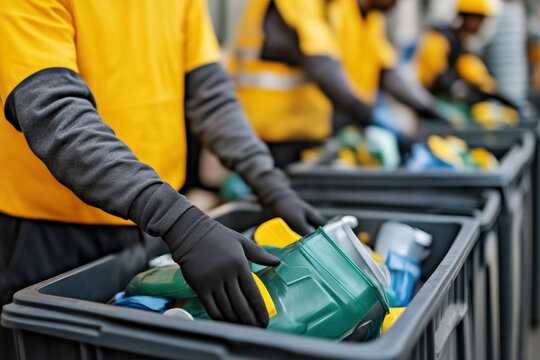  Hands wearing yellow gloves sorting plastic bottles into recycling bins in clean facility symbolizing waste management responsibility environmental care and organized sustainable process