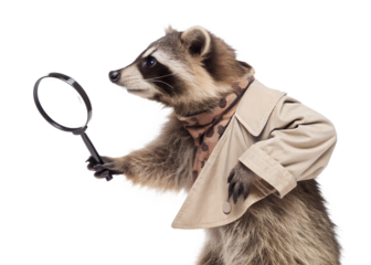 Raccoon detective investigating with a magnifying glass
