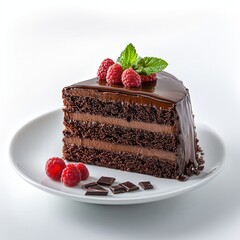 Decadent chocolate cake slice garnished with raspberries and mint on a white plate