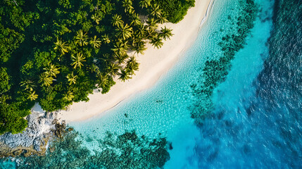 Aerial Drone Shot of Tropical Island with Turquoise Waters, White Sand Beaches, and Coral Reef
