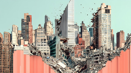A city skyline collapses in a powerful digital illustration depicting earthquake devastation with towering skyscrapers crumbling and debris scattering creating a post-apocalyptic disaster scene