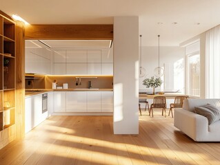 A kitchen with a white countertop and a wooden oven. A couch is in the living room
