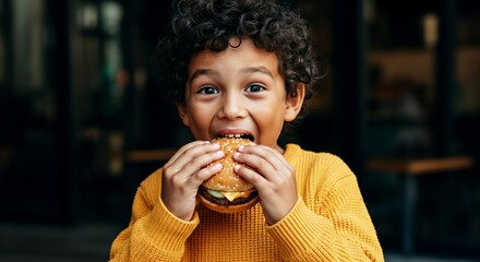 African child enjoying a burger with delightful expression
