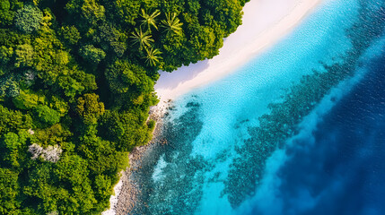 Aerial Drone Shot of Tropical Island with Turquoise Waters, White Sand Beaches, and Coral Reef