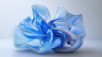 Swirling blue and silver abstract sculpture against a clean white backdrop. Mesmerizing curves and contrasting textures create a striking visual