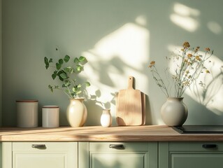 A wooden kitchen countertop with a vase, a cutting board, and a vase of flowers. The vase of flowers is placed on the countertop, and the cutting board is located next to it