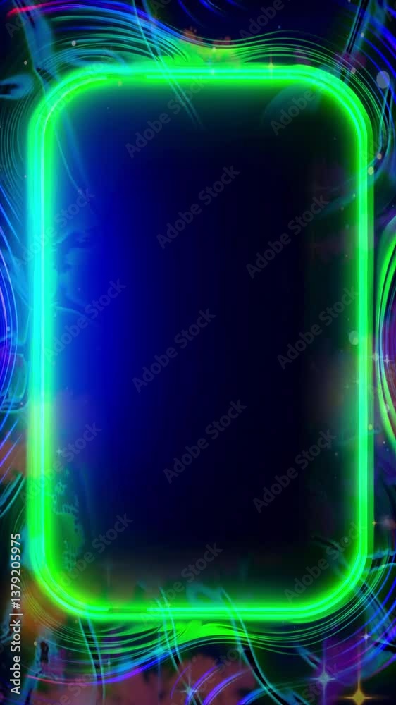 Poster abstract neon blue green fractal frame, mock up template copy space vertical video