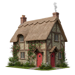 Fototapeta premium Medieval Thatched Roof Cottage. clipart isolated on transparent background.