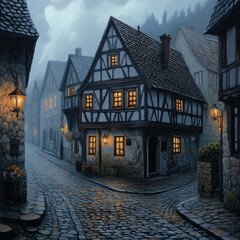 European medieval town corner with half-timbered house illuminated with warm lights on foggy cobblestone street at dusk
