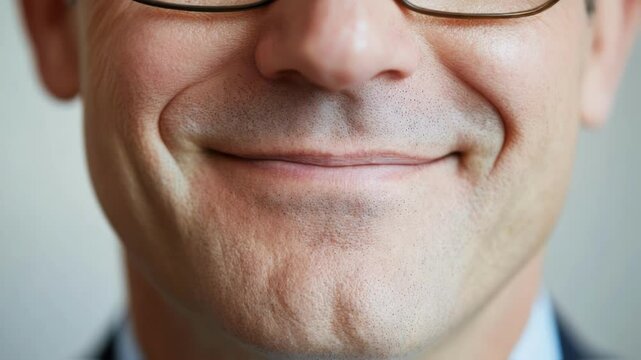 Subtle changes in the expression of a politician wearing glasses and a suit, trying to convey different emotions with his mouth while maintaining a fake smile