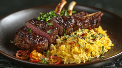 Roasted Lamb Chops with Saffron Rice and Roasted Peppers