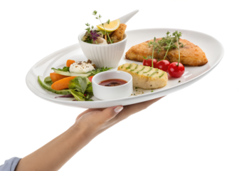 Exquisite dish with grilled fish and fresh vegetables on white plate