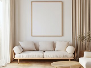 A white couch with pillows on it sits in front of a white framed picture. A potted plant is on the right side of the couch