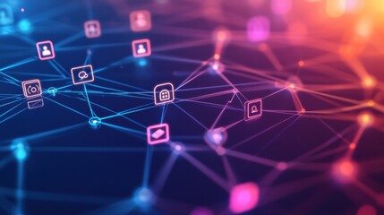 Connected technology icons in a digital web on a glowing gradient background showcasing modern networking concepts