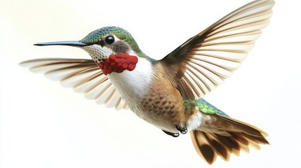 Vibrant hummingbird bursts with color mid-flight! Detailed feathers of red, green, and blue pop against a clean white background
