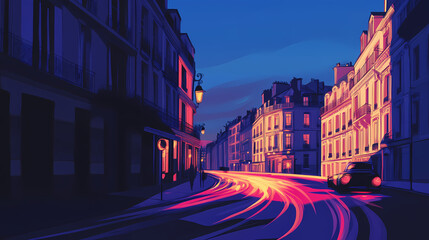 Night cityscape, city street, vanishing point, light trails, european architecture, travel background. Vanishing Light. Illustration