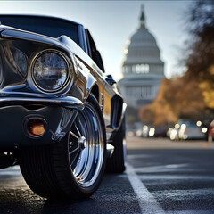 A close up of the front fender of a 1967 mustang with the US capitol in the background