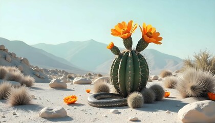 A desert landscape with a large cactus in the center. The cactus has multiple layers of spines and is surrounded by other cacti and succulents. On top of the cactus, there are two large orange flower