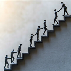 A leader figure helping a small group climb a symbolic staircase Each person on the staircase helps pull up someone behind them symbolizing collective progres