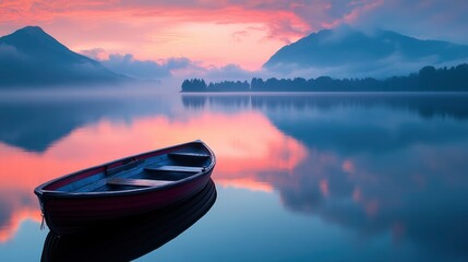 Rowboat on Calm Lake at Sunrise Reflecting Mountains and Sky