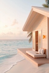 Luxurious beachfront villa with cozy lounge area at sunset near clear turquoise water