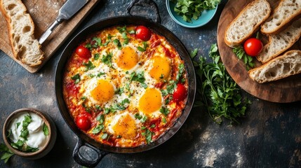 Overhead Shot of Shakshuka with Fried Eggs in Cast Iron Skillet