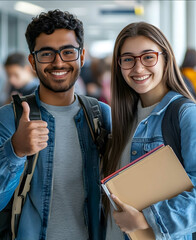 One man who wearing glasses and one woman students holding books giving the thumbsup gesture with one hand while smiling at the camera in an office setting Ph