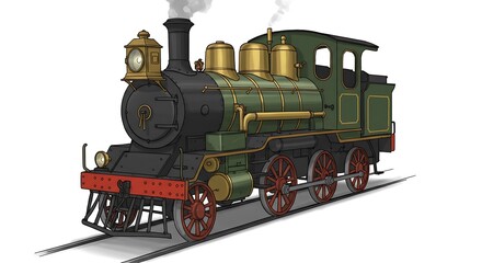 Obraz premium Vintage Steam Engine Illustration Green Gold Hues AI Generated
