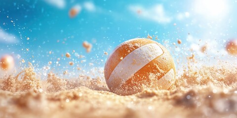 Exciting moment captures a volleyball hitting the sandy beach during a sunny day