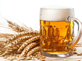 Glass of beer with wheat and barley on wooden table