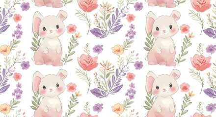 Adorable Watercolor Bunnies And Flowers Seamless Pattern AI Generated