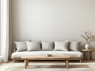 A white couch with pillows on it sits in front of a white wall. A wooden coffee table sits in front of the couch