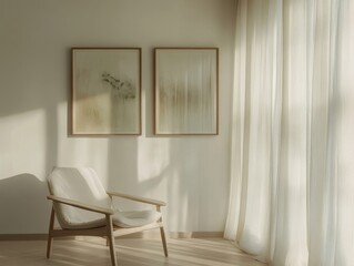 A white chair is sitting in front of a white wall. The chair is empty. There are two framed pictures on the wall