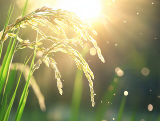 Golden rice growing in paddy field at sunset: backlit oryza sativa plants